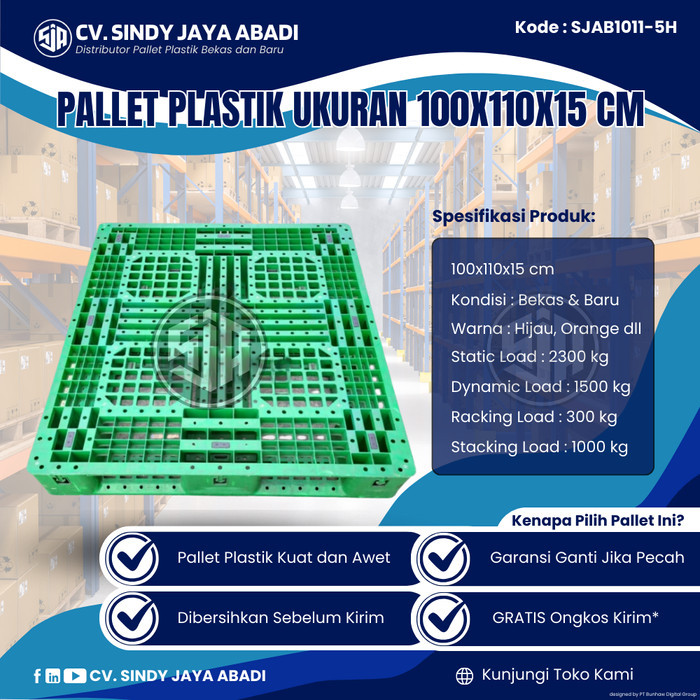 Pallet Plastik Bekas Ukuran 100x110x15 cm - SJAB1011-5H / Pallet Plastik Warna Hijau / Pallet Plasti