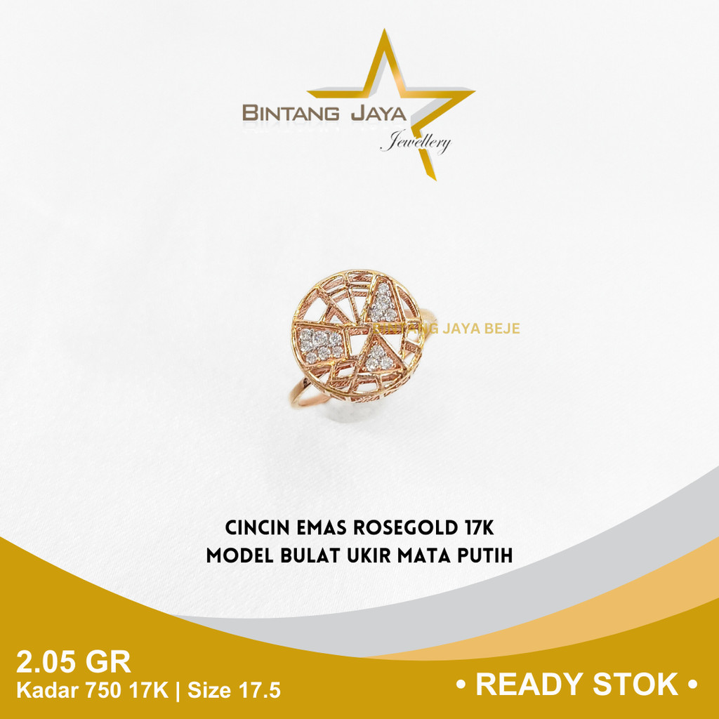 Cincin Emas Rosegold Kadar 750 17K Berat 2.05 gr gram Size Ukuran 17.5 Model Bulat Ukir Mata Putih C