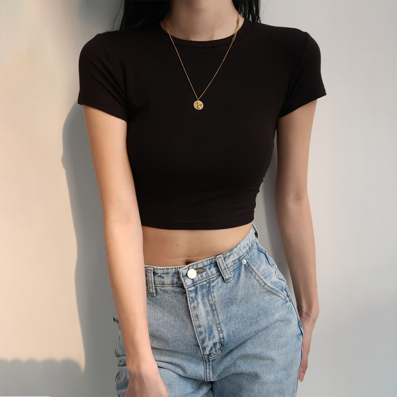 kaos ketat wanita | T-shirt crop polos elastisitas dasar gaya Korea Wanita | Kaos crop top wanita