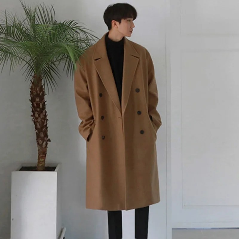 Jaket Jas Blazer Jubah Panjang Pria Long Coat Pria Korea Bahan Flece Brown