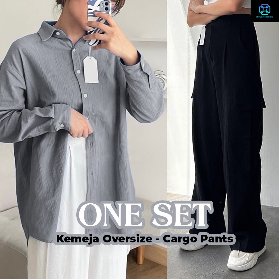 [Bundling] One Set Celana Cargo Higwaist & Kemeja Oversize Linen Crinkle