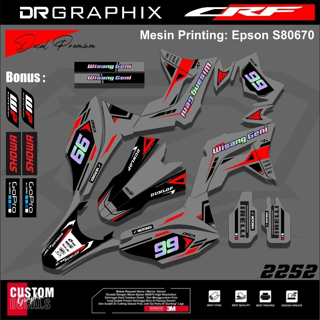 Stiker KOMBINASI HOLOGRAM GLOSSY Decal Crf Full Body Variasi Putih Merah free Ganti Nomor ganti nama