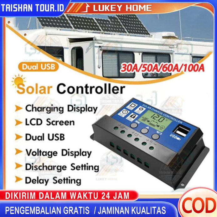 Solar Charge Controller LCD LED Display Solar Cell PWM 12V 24V 10A 20A 30A 50A 60A USB Panel Tenaga 