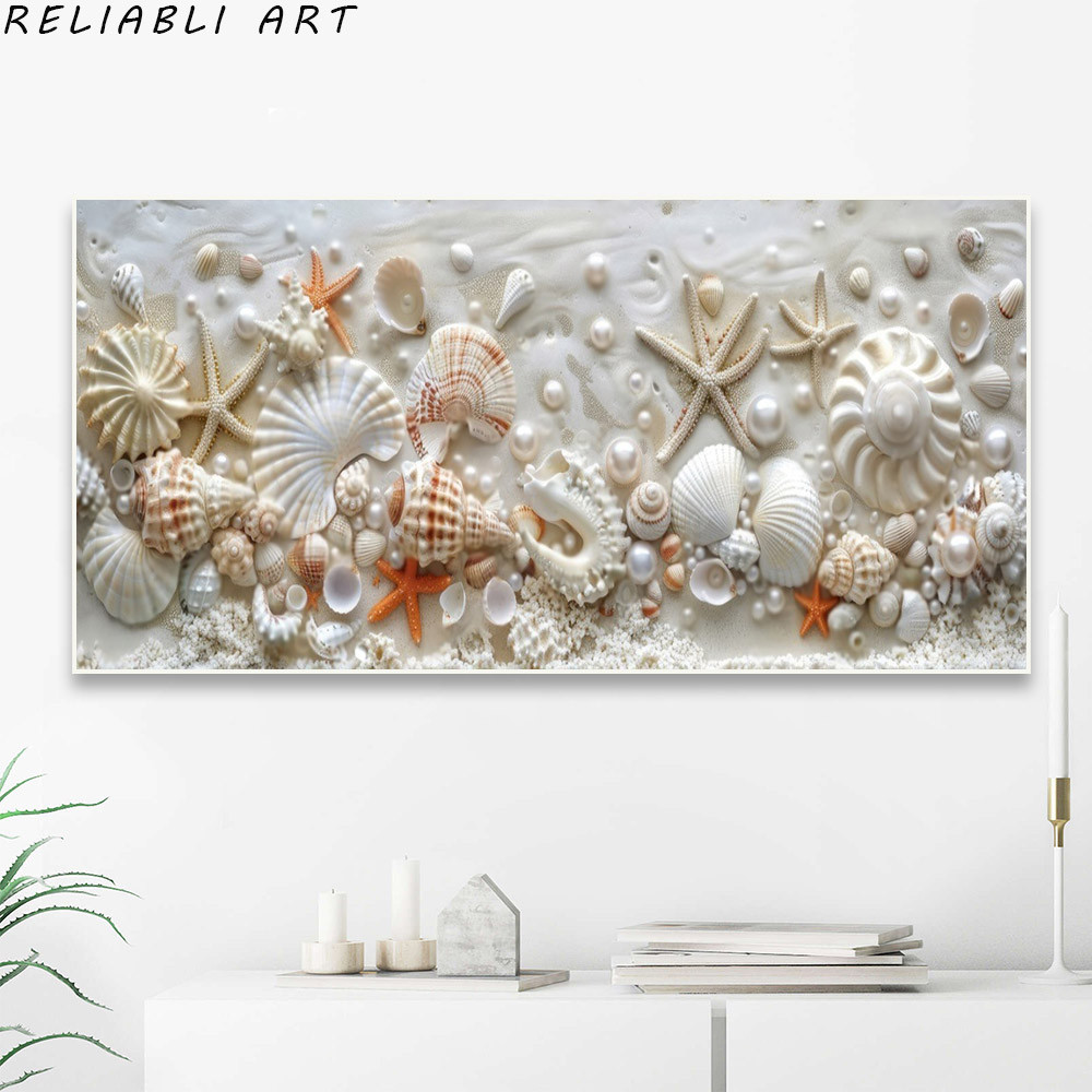 

White Pearl Shell Starfish Poster and Prints ,Still Life,Canvas Painting, Wall Art Pictures for Living Room Home Decor No Frame
