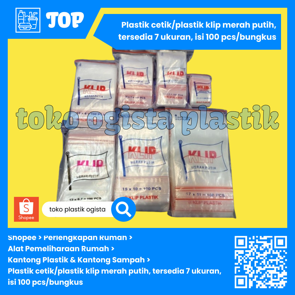 

plastik cetik/plastik klip merah putih, tersedia 7 ukuran, isi 100 pcs/bungkus