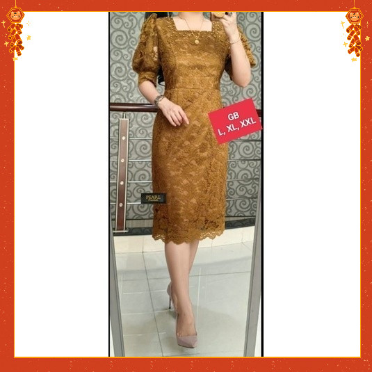 WATs Dres Semi Brukat Baju Pesta Wanita Kekinian Tunik Renda Viral Tangan Balon Mutiara