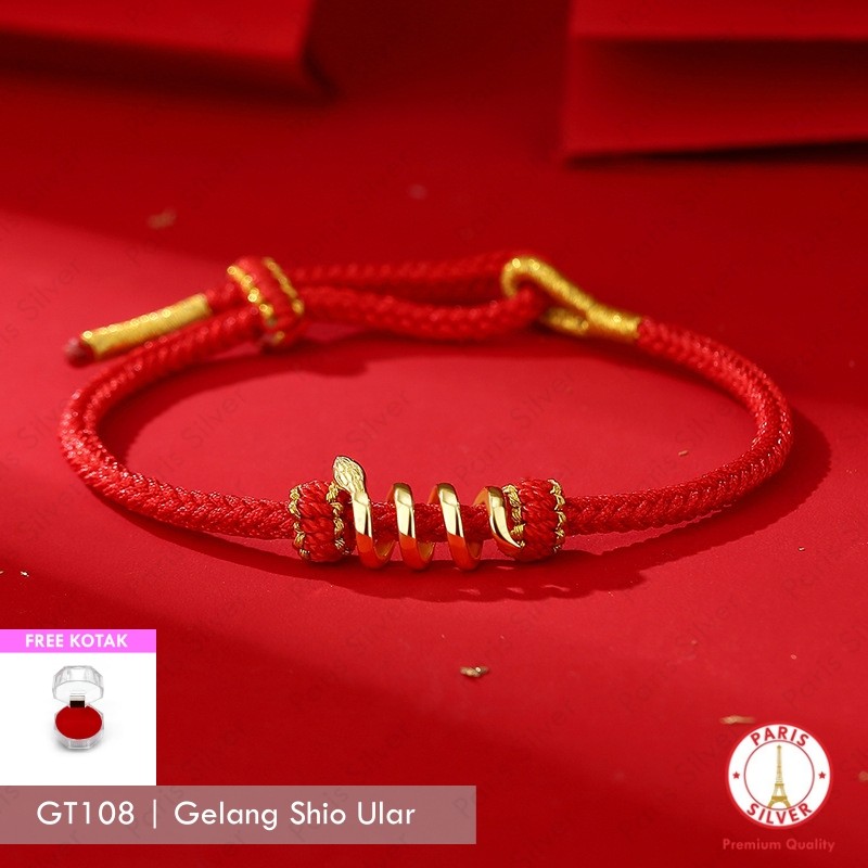 Gelang Shio Ular Perak Asli 925 Lapis Emas Kuning 18K Dengan Tali Kain Merah