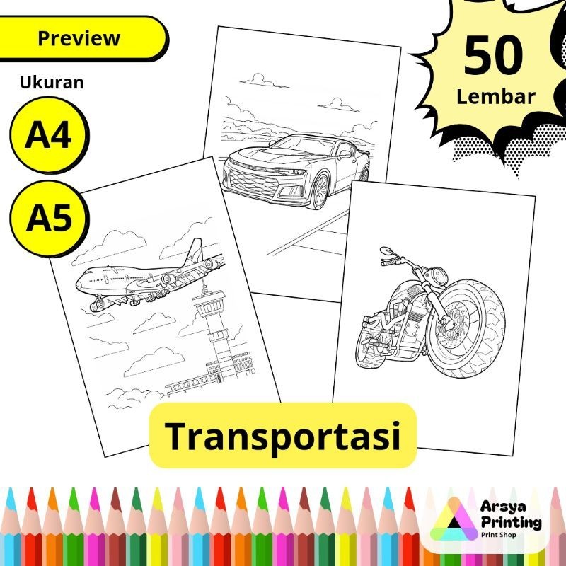 

50 Lembar Kertas Mewarnai Anak Lucu Tema Transportasi Kendaraan Mobil Motor Roket Alat Berat Ukuran A4 A5claraa aurel