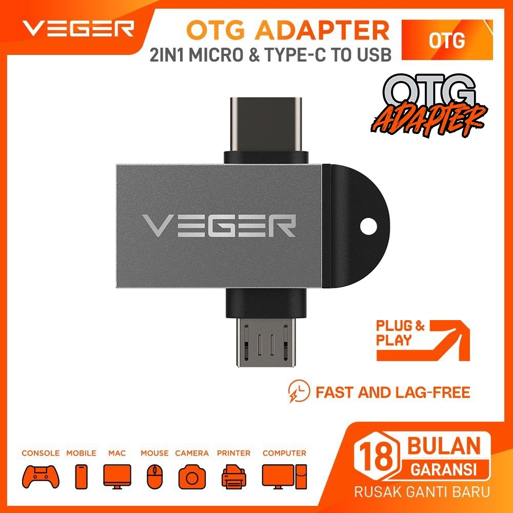 VEGER OTG Adapter 2 IN 1 Type C & Micro USB to USB 3.0 Lanyard Design Original