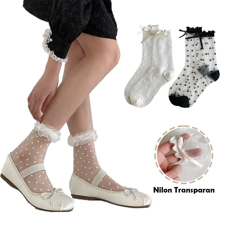 ABC Socks Kaos Kaki Wanita dewasa korea Kaos kaki Transparan Hitam Putih Lolita imut Ruffle