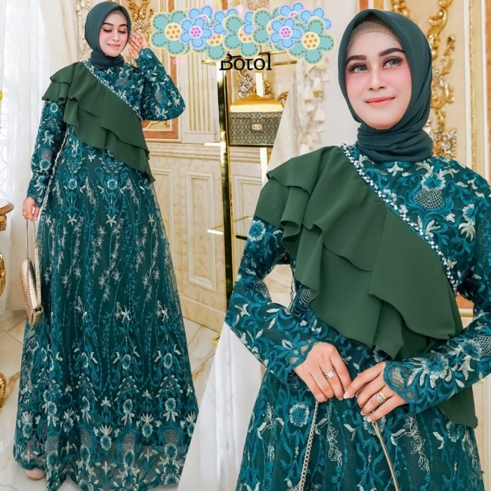 Narina hijau botol gamis pesta muslimah baju lebaran kondangan nat pu