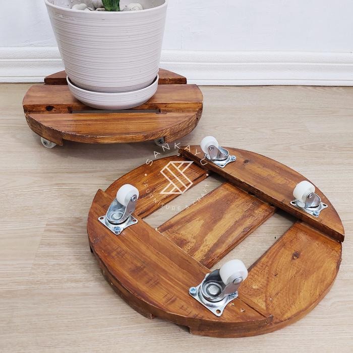 Tatakan Pot Troli / Tatakan Pot Roda / Standing Pot Troli Kayu Jati Be - Kotak
