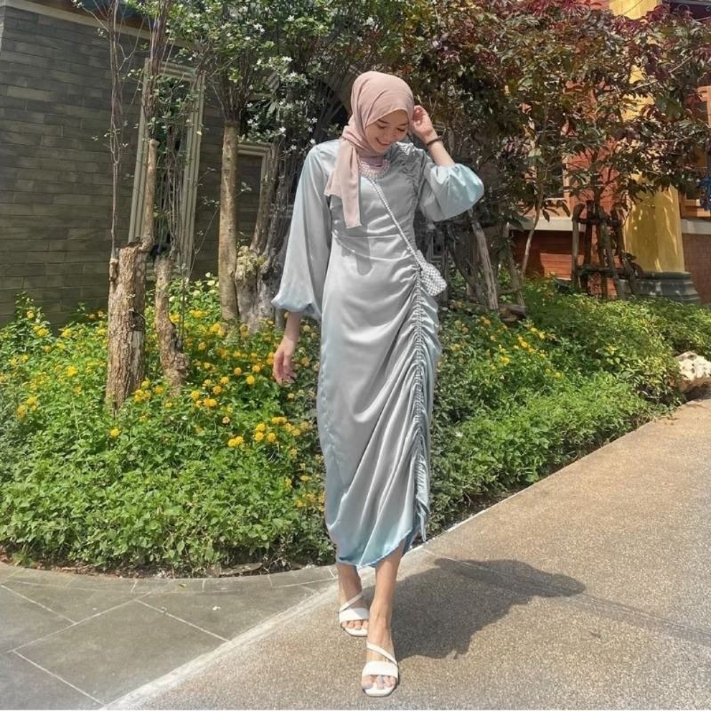 Dress Gamis Serut Fuji Satin Silk Kondangan Remaja Hajatan