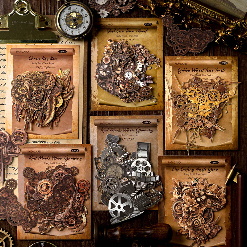 

36pcs/bag Mechanical gear landscape hollow hard card stickers handbook material decoration DIY envelope card diary notebook