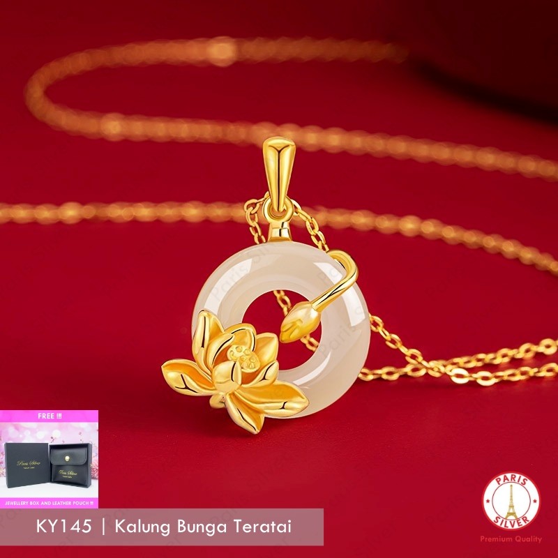 Kalung Wanita Bunga Teratai Batu Giok Manau Perak Asli Silver 925 Lapis Emas Putih Kuning 18k