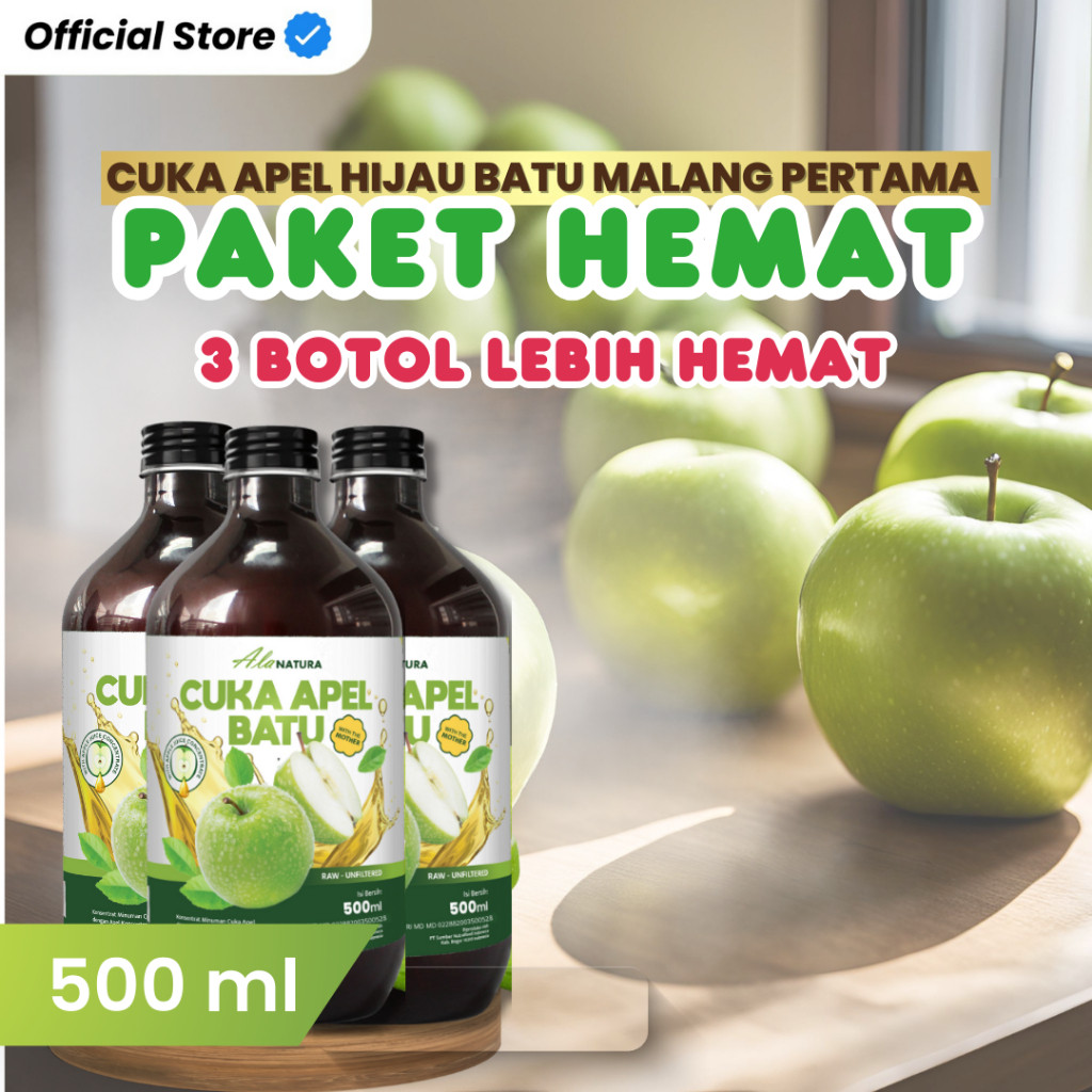 

Cuka Apel Batu Ala Natura Apple Cider Vinegar Paket 3 Botol Kontrol Kolesterol Halal dan BPOM