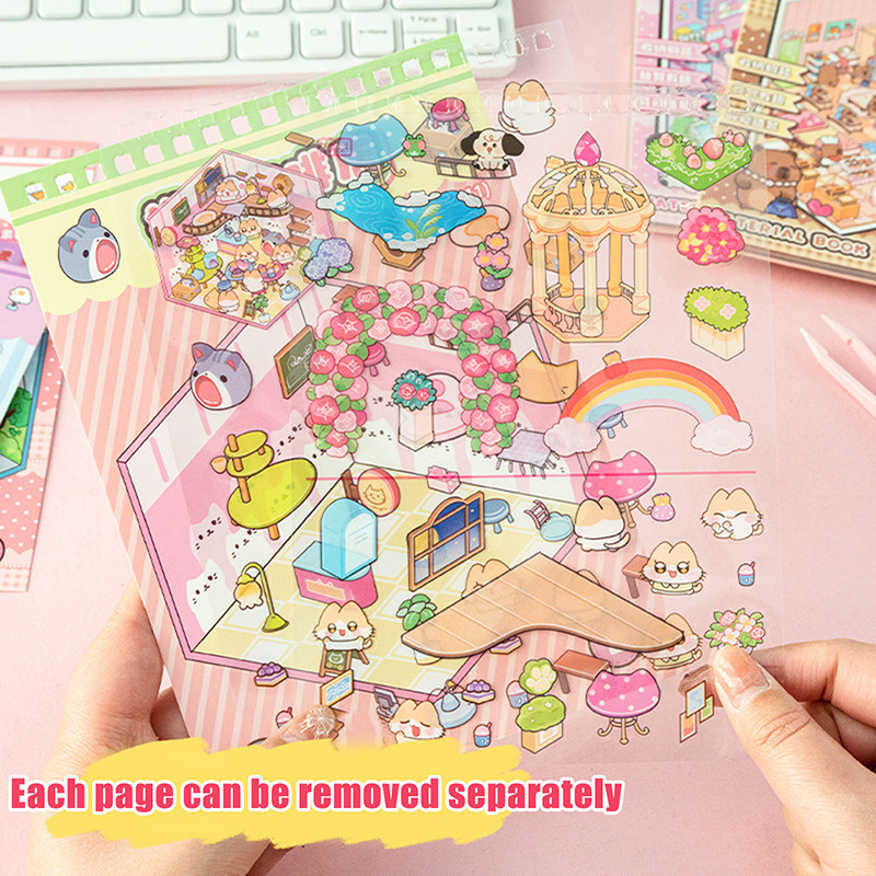 

10in1 Cartoon Capybara Landscape Stickers Book DIY 3D Pocket Cabin Scene Stickers Cute Hand Account Stickers Birthday Gifts