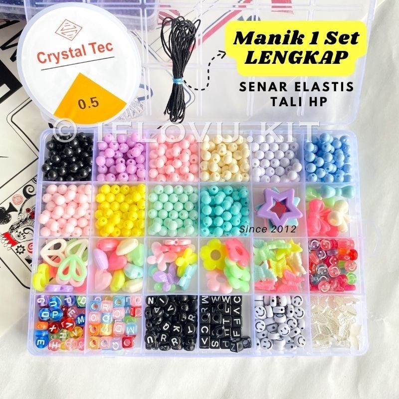 Mainan Anak Anak DIY Manik Manik 1 Set Kotak Lengkap + Senar Elastis + Tali Gantungan Hp | Set manik