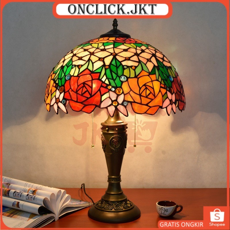 Lampu Meja Tiffany 40CM Kaca Patri Lampu Hias Motif Mawar Vintage Hiasan Kamar Ruang Tamu Gaya Eropa