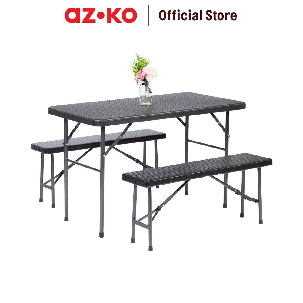 AZKO Krisbow Set Bangku & Meja Taman Rotan - Hitam Kursi Dan Meja Taman Foldable Garden Desk And Cha