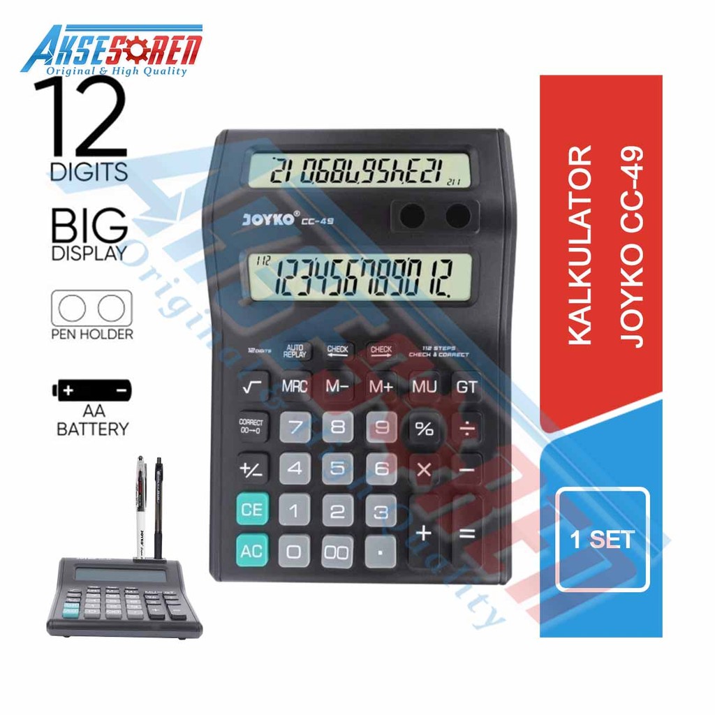 

Aksesoren Kalkulator Joyko [CC-49] / Calculator 12 Digits 2 Display Pakai Baterai / Alat Hitung 2 Sisi