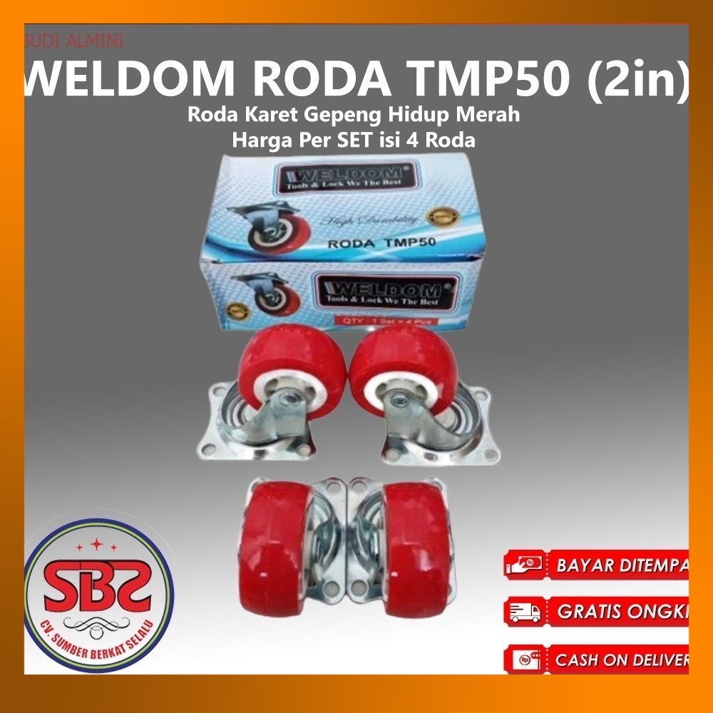 WELDOM Roda Karet Hidup Merah 2 inchi isi 4 pcs / Roda Karet Gepeng Hidup Merah Weldom (Roda Bundar 