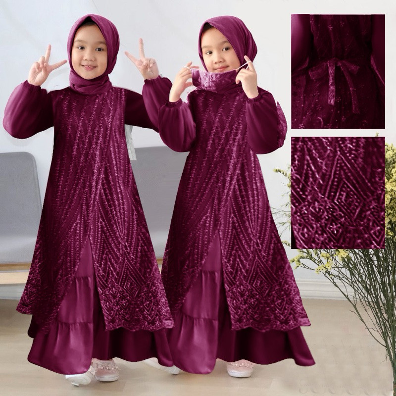 Shela Kid Dress Muslim Brukat Tulle Bordir Lapis Satin Gamis Kondangan Usia 3-14Th Gamis  Pesta Anak
