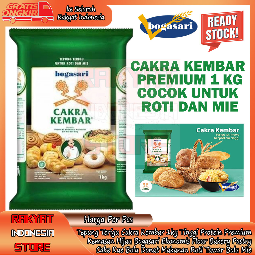 

Tepung Terigu Cakra Kembar 1kg Tinggi Protein Kemasan Hijau Bogasari Ekonomis Premium Praktis Bungkusan 1 Kilo Kiloan Adonan Flour Bakery Pastry Cake Kue Bolu Donat Makanan Roti Tawar Bolu Kukus Nastar Martabak DES Manis Mie