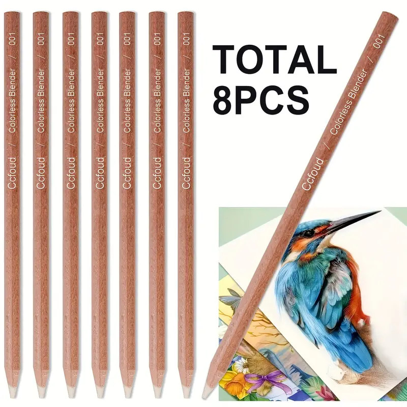 

8-Piece Colorless Blending Pencil Set - Non-Toxic, Pre-Sharpened Wood Sticks for Smooth Edges & Softening Colors