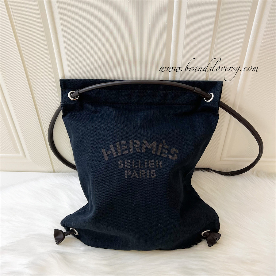 (Pre-loved) Hermes Maline Bag in Navy Canvas and Ebene Leather