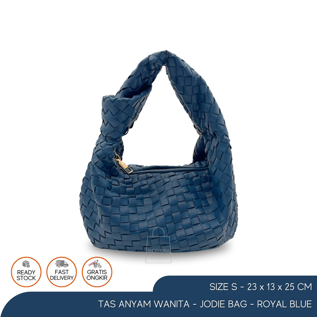 Tas Tenteng Anyam Wanita BV Mini Jodie Woven Bag Royal Blue Size Small Kecil Jody Biru Gelap Navy Jo