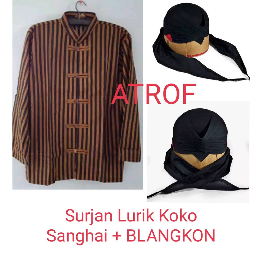 Surjan Lurik Sanghai Koko + BLANGKON JOGJA SAMURAI SLIWIR HITAM / Baju Adat Jawa LURIK Model Sanghai