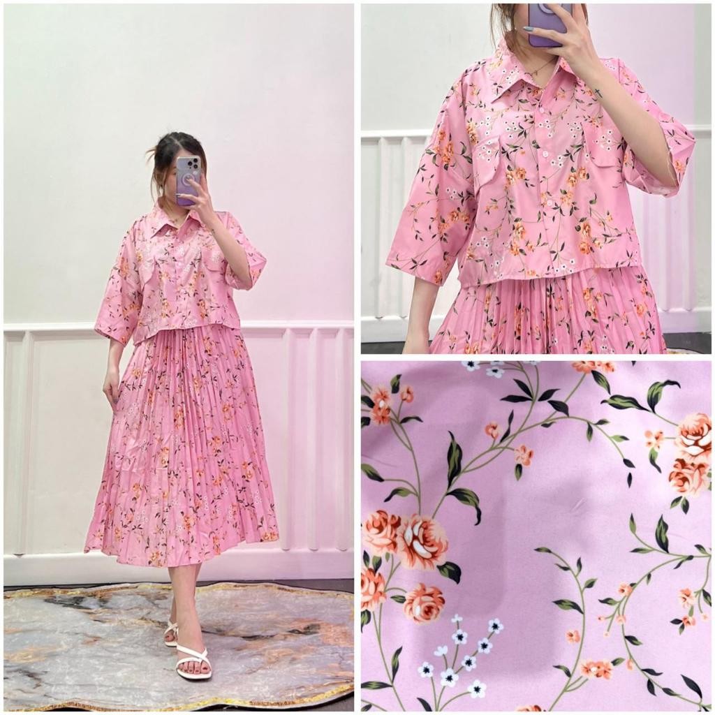 One Set Fuji / One Set Clara Kemeja Crop & Rok Midi Plisket