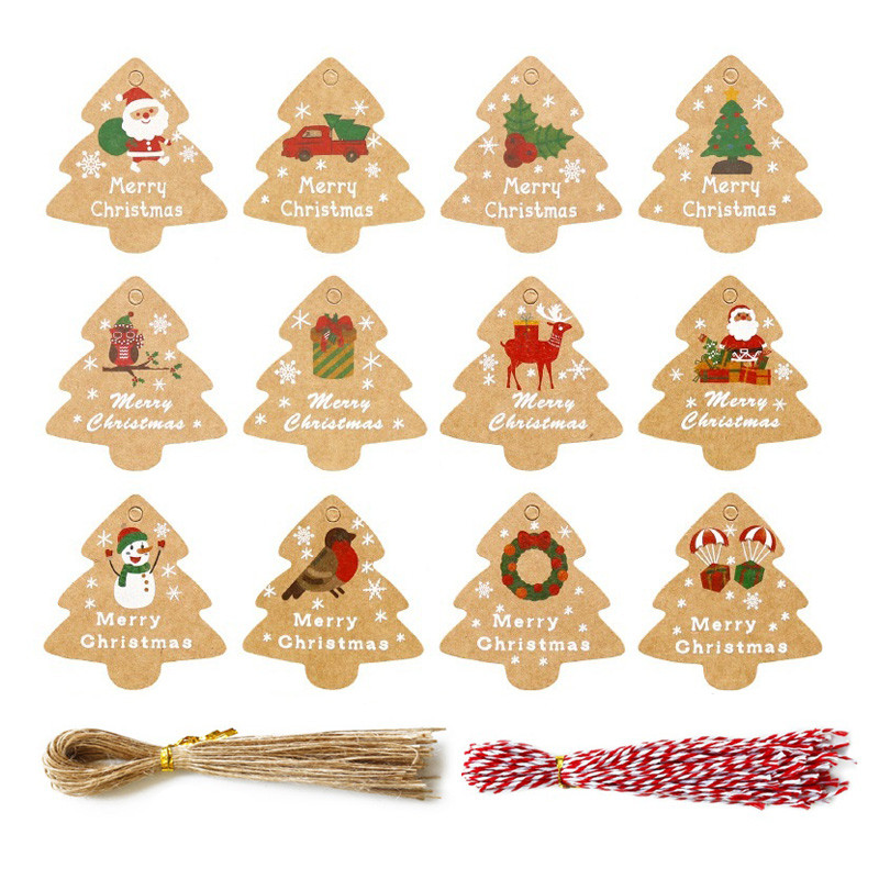 

48pcs Xmas Tree Tags Gift Bags Hanging Kraft Paper Tag Retro Candy Cookies Packaging Supplies Noel Navidad Decoration