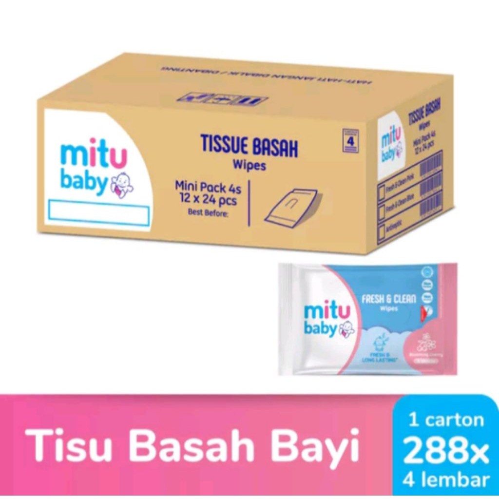 (1 DUS) MITU Baby Minipack 4's Tissue Wipes/Tisu Basah 1 Dus isi 24 Renceng