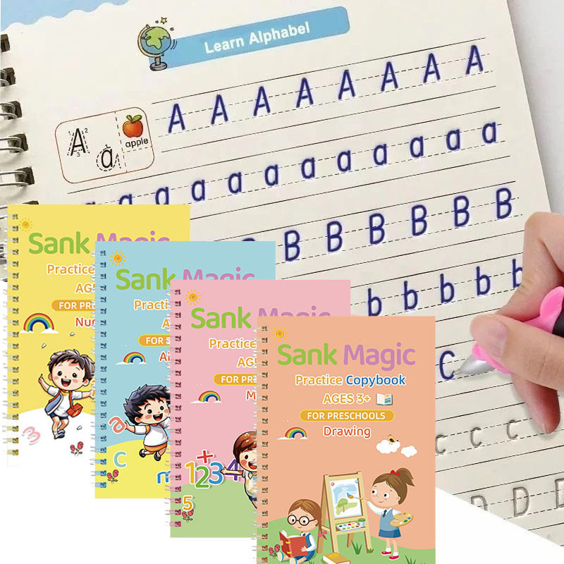 

1 Set 4 Buku + Pulpen /Sank Magic Book Buku Ajaib Belajar Menulis Anak /Latihan Menghitung Menggambar Tulis / Edukasi Hadiah Kado Ultah Anak Reuseable Alphabet Math Drawing Number