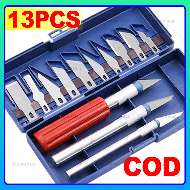 

13 in 1 Pisau Ukir Seni Hobby Cutter Metal Handle Exacto Knife Blades Set 8/14 isi Kit SK5 Carbon Steel Precision Carving for Art, Craft, Hobby, Scrapbooking, Stencil,Sharp Precise Cutting Pisau Bonsai Sayat Ukir