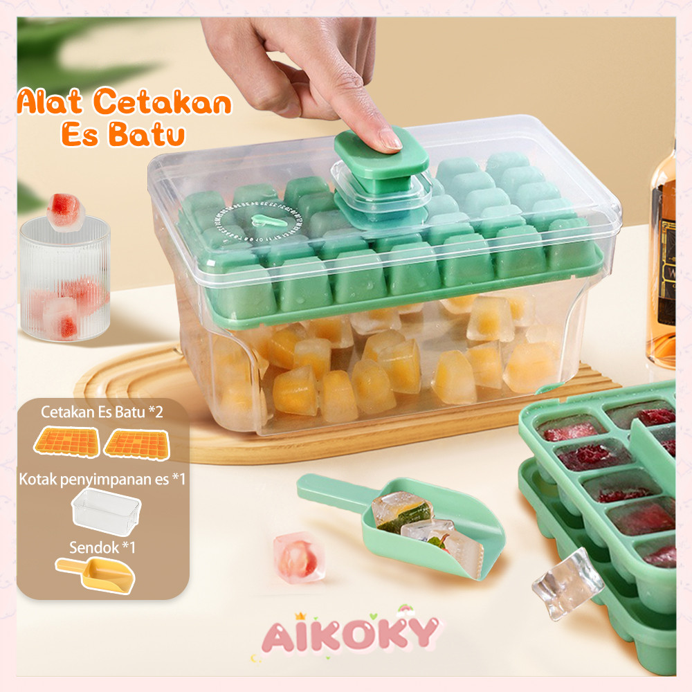 AIKOKY Cetakan Es Batu Kotak 32 Grid 2 Tray Wadah Es Batu Ice Cube Maker Tempat Es Batu Dengan Tutup