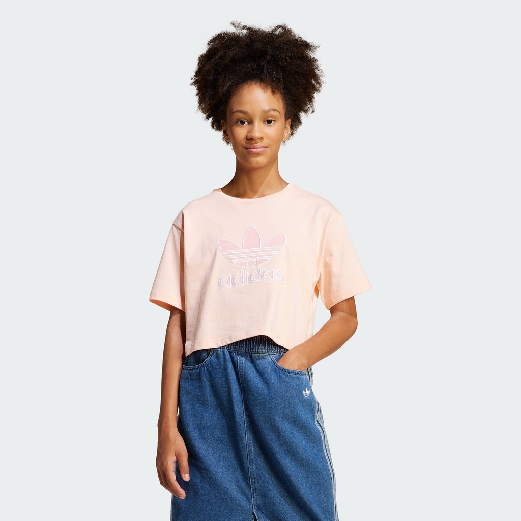 adidas Lifestyle Oversized Crop Tee Big Logo Execution Kids Women Pink JC9138