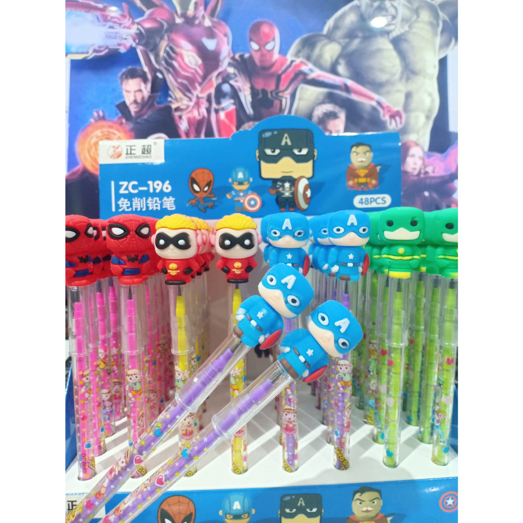 

*DUNIA PESTA* ( 1 PACK / 48 PCS) PENSIL BENSIA AVENGER ADA 4 GAMBAR 1 BOX ISI 48 PCS / PENSIL LANTU BENSIA KARAKTER / PENSIL SAMBUNG SUSUN SUPER HERO AVENGER / PENSIL CABUT