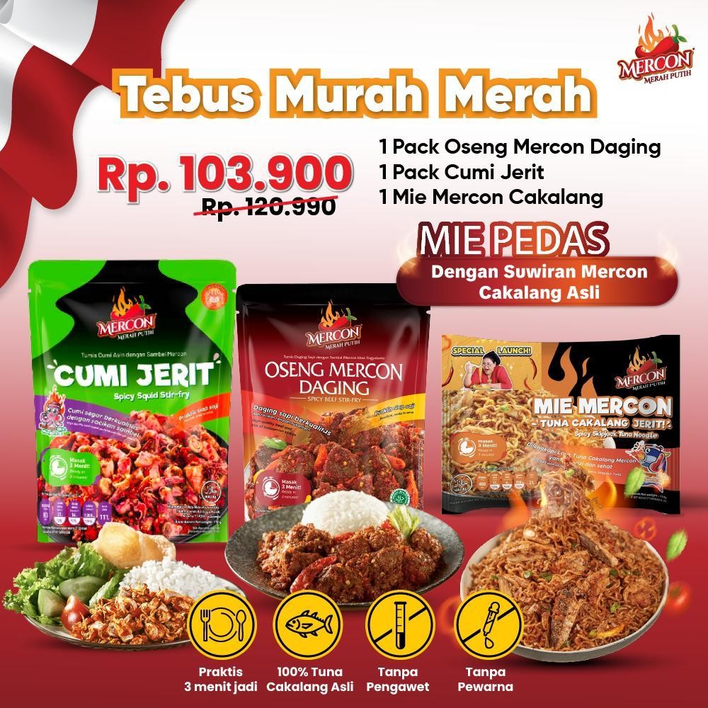 

Mercon Merah Putih - TEBUS MURAH MERAH - 1 Oseng Mercon Daging + 1 Cumi Jerit + 1 Mie Mercon Cakalang