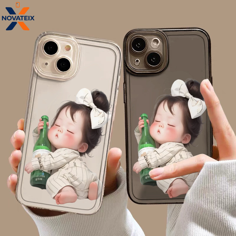 Casing IPhone Gadis botol anggur kartun Transparan Soft Case Fashion Cocok untuk iPhone 11 12 13 14 