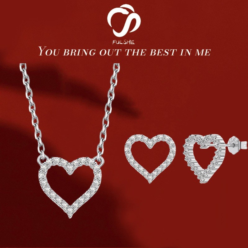 FULSHE Set Perhiasan Berlian Berkilau Bentuk Hati Girly Gaya Korea Kalung/Anting Berlian Berkilau As