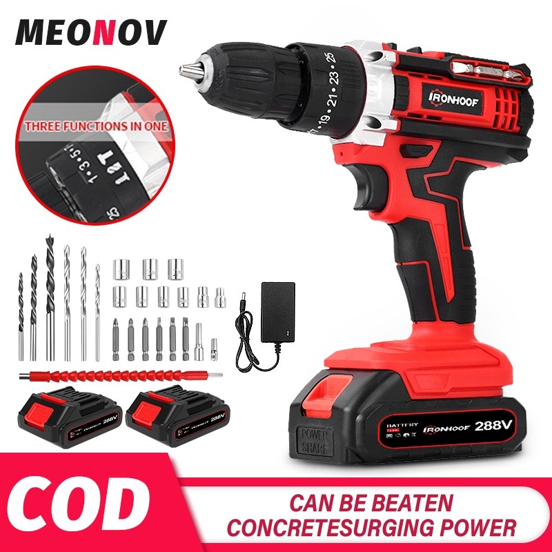 IRONHOOF Bor Listrik 288V Bor Impact baterai Cordless Untuk Besi Tembok Beton Kayu Mesin Bor baterai