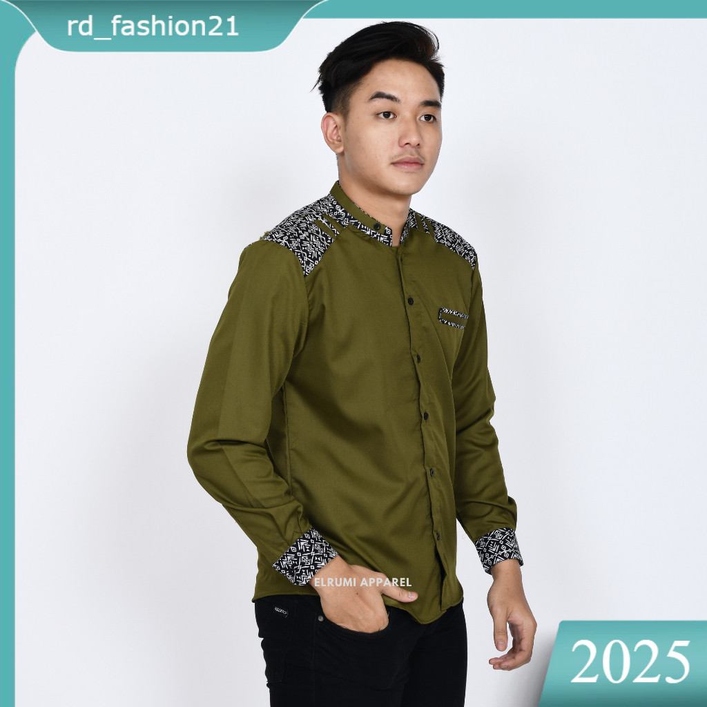 Baju Koko Pria Lengan Panjang Warna Hijau Army Kombinasi Batik Motif Adidis