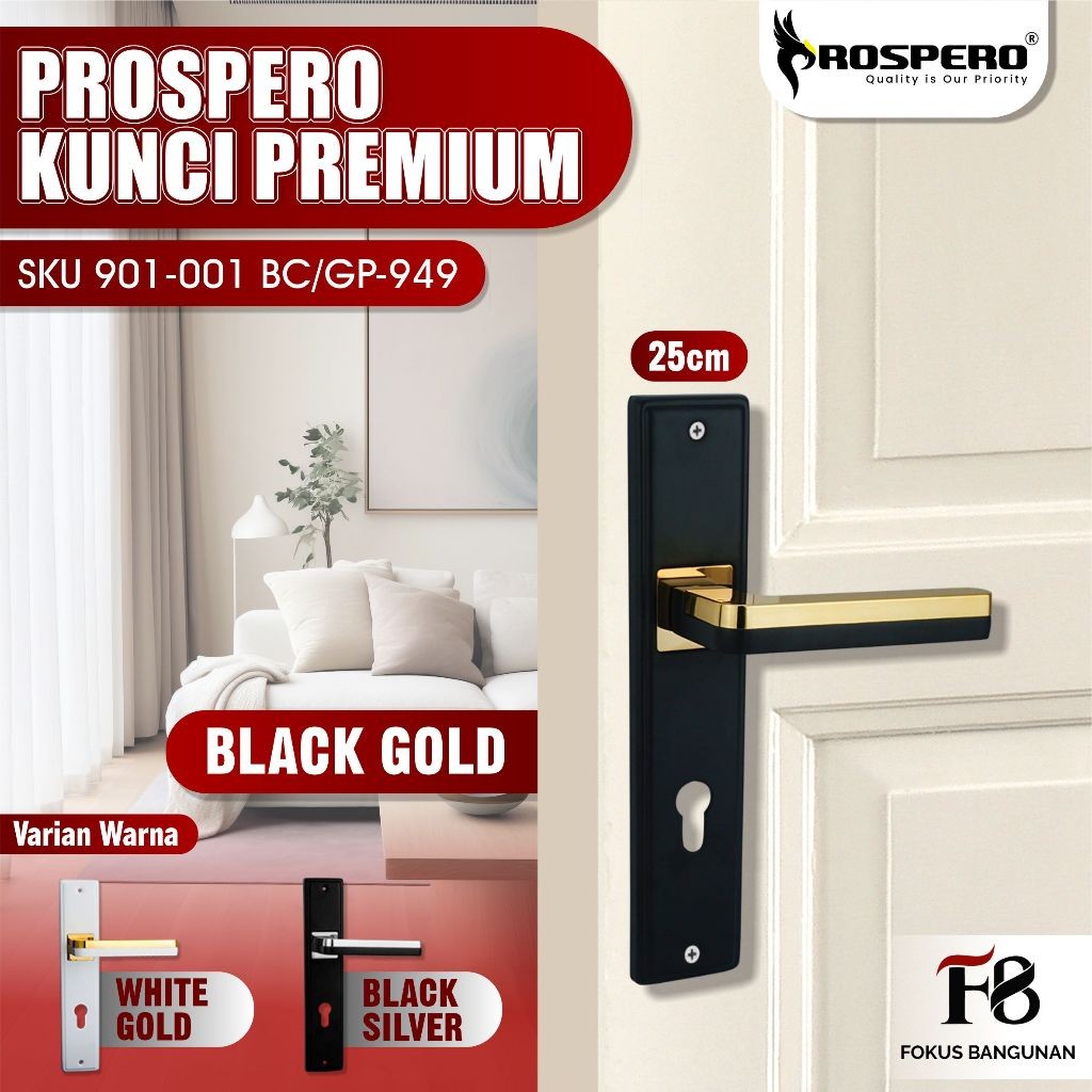 PROSPERO Gagang Pintu Handle Kunci Pintu Besar Black Gold | Kunci Pintu Rumah Set Handel | 949