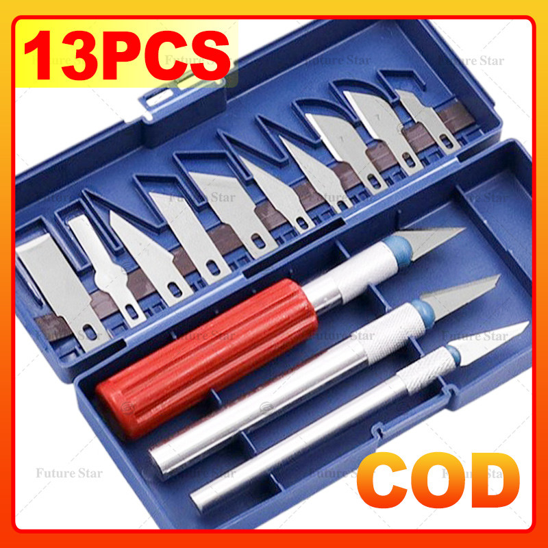 

13 in 1 Pisau Ukir Seni Hobby Cutter Metal Handle Exacto Knife Blades Set 8/14 isi Kit SK5 Carbon Steel Precision Carving for Art, Craft, Hobby, Scrapbooking, Stencil,Sharp Precise Cutting Pisau Bonsai Sayat Ukir