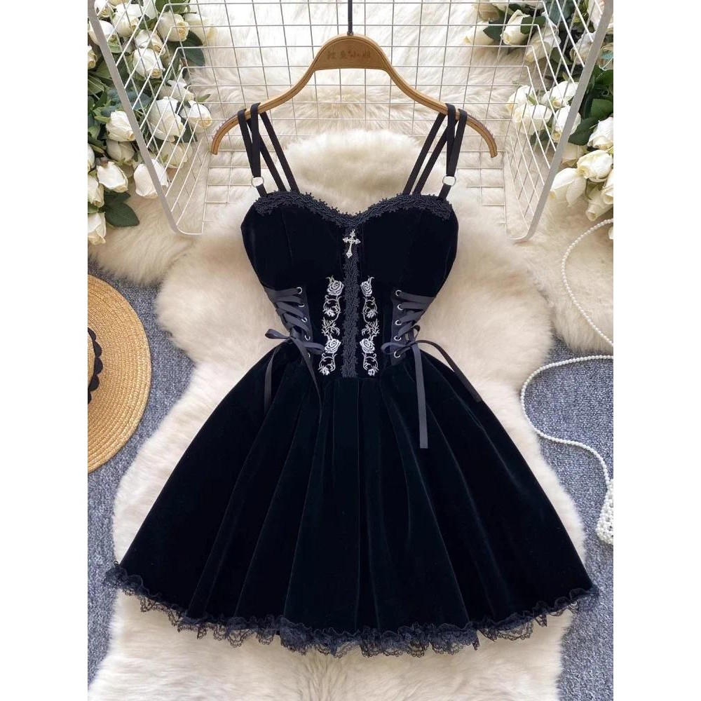 Dark Academia Gothic Summer Sexy Lolita Dress Women Vintage Bandage Corset Lace Black Embroidery Min