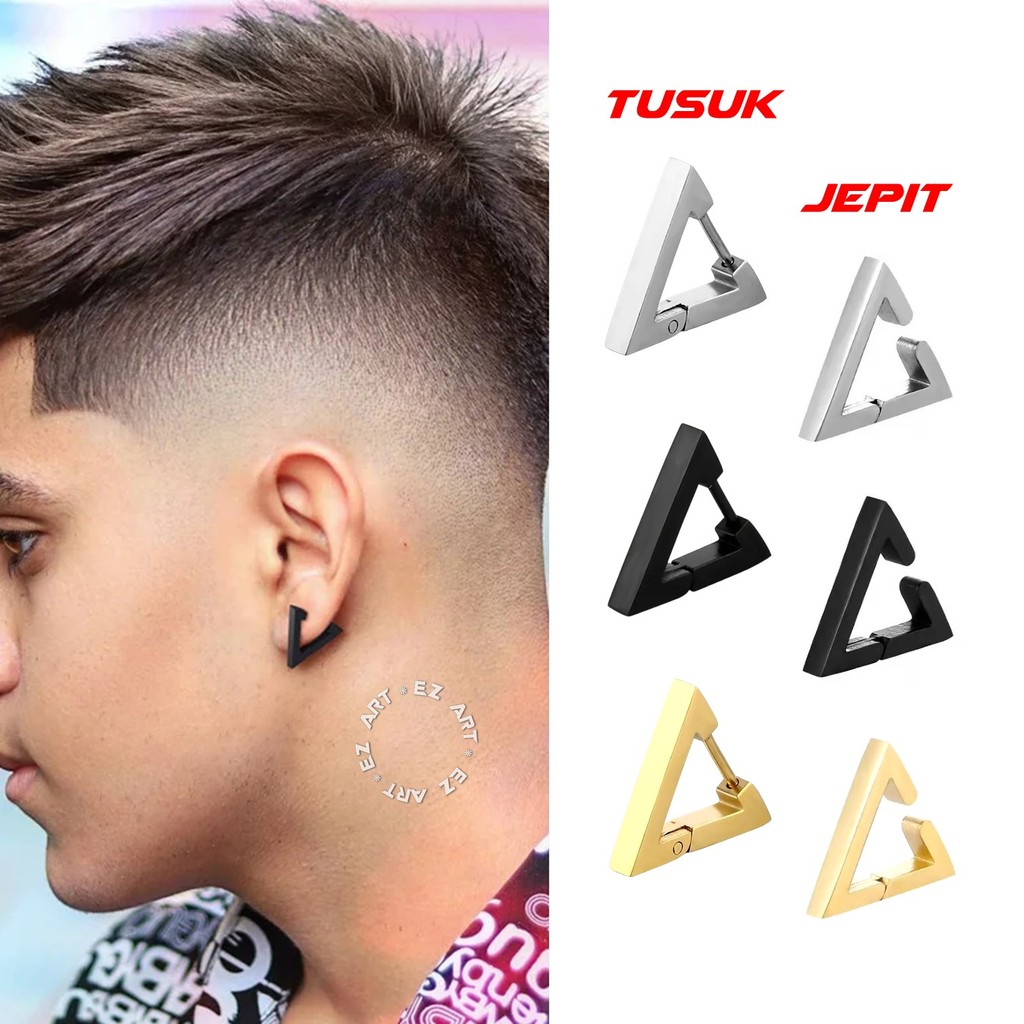 Anting Fashion Geometri Segitiga Tusuk Jepit Pria Wanita Triangle Stainless Steel Cowok Cewek Silver