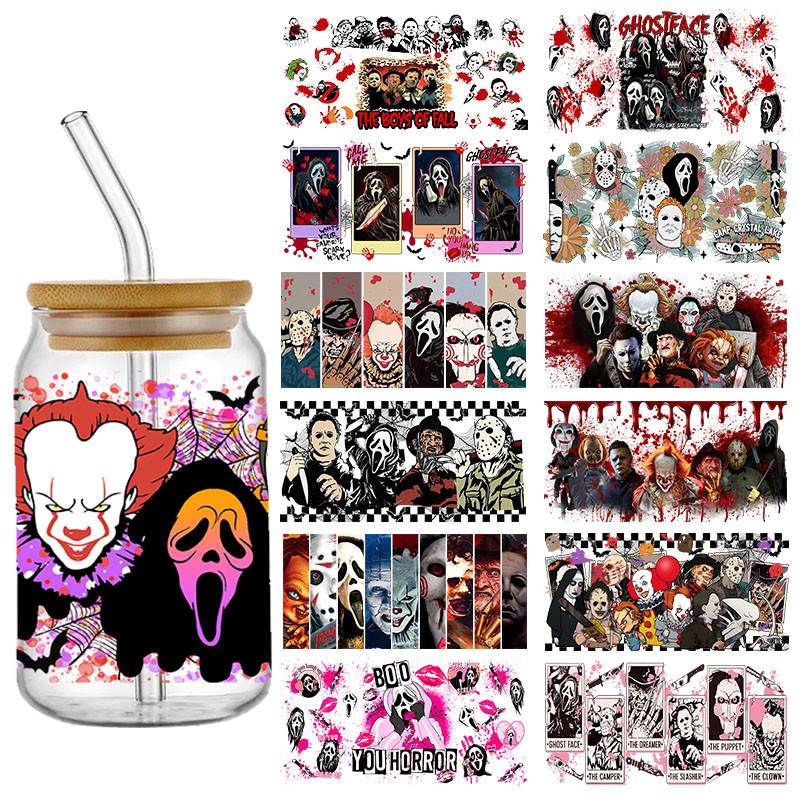 

Holleween Ghost Face 16OZ UV DTF Cup Wraps Transfer Sticker For Glass Libbey Can Bottle Selfadhesive Washable DIY Custom